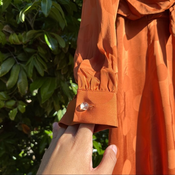 CAPULET Evelyn - Rust Orange dot satin tie front long sleeve midi dress, Size M - Picture 9 of 10